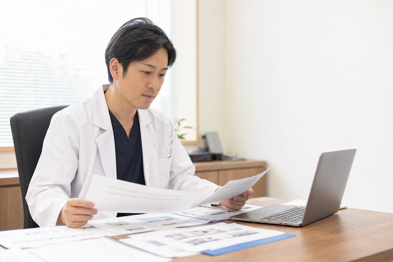 クリニックの院長がデスクで制作会社の見積書や実績資料を比較検討している様子。
