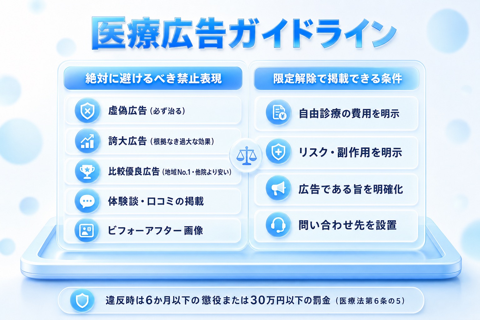 医療広告ガイドラインの禁止表現（虚偽・誇大・比較優良・体験談・ビフォーアフター）と、限定解除で掲載できる条件（費用・リスク副作用の明示、広告である旨、問い合わせ先）を左右で対比した一覧表