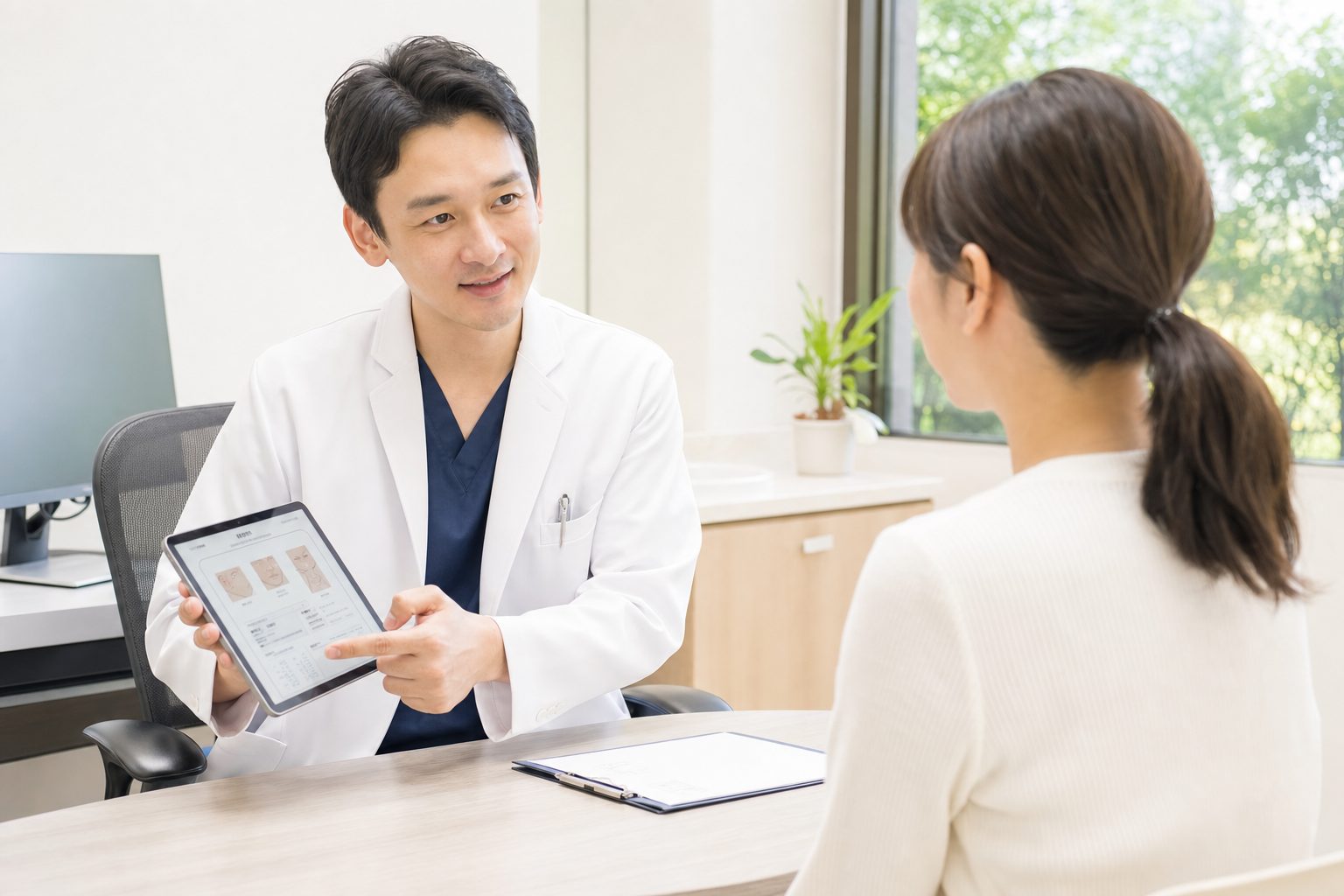 クリニックの診察室で、医師が患者に資料を見せながら治療プランを丁寧に説明している様子。