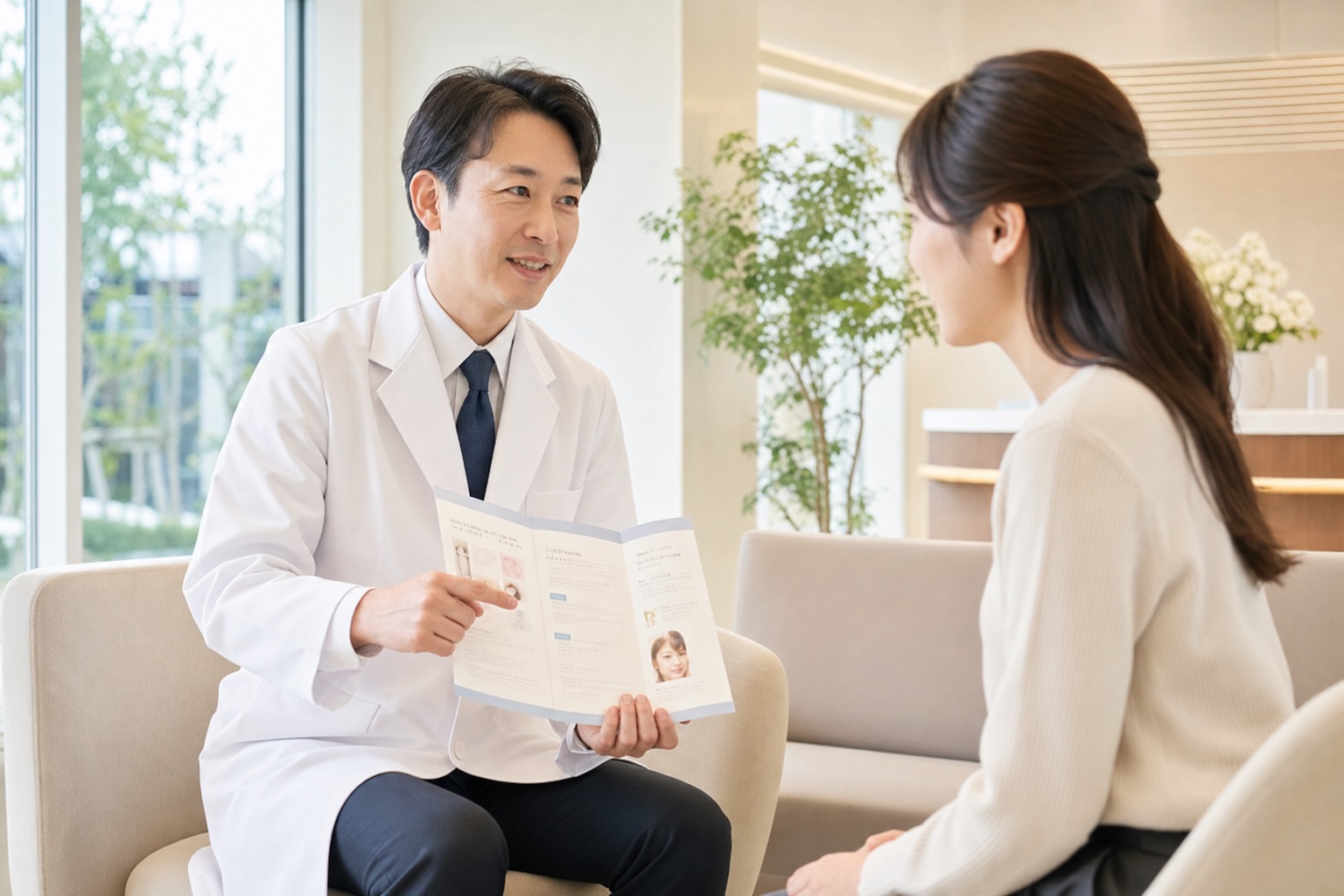 クリニックの待合室で院長が患者に自費診療メニューのパンフレットを見せながら丁寧に説明している様子