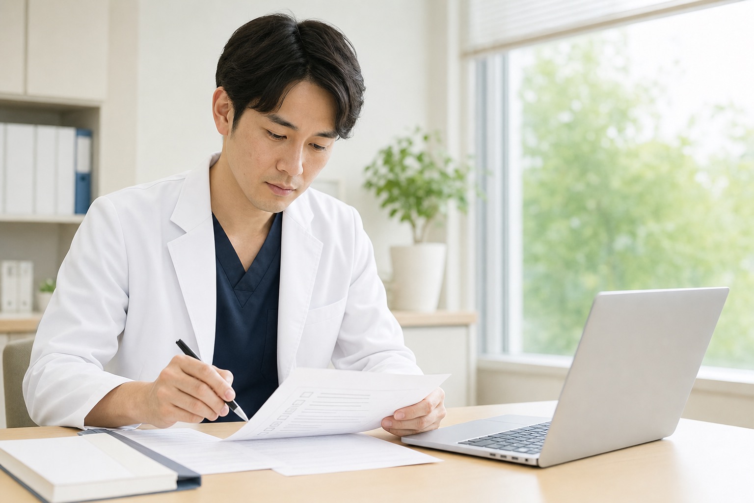 医療広告ガイドラインのチェックリストを確認する医師の手元。書類とノートパソコンが並ぶ落ち着いた机のシーン。