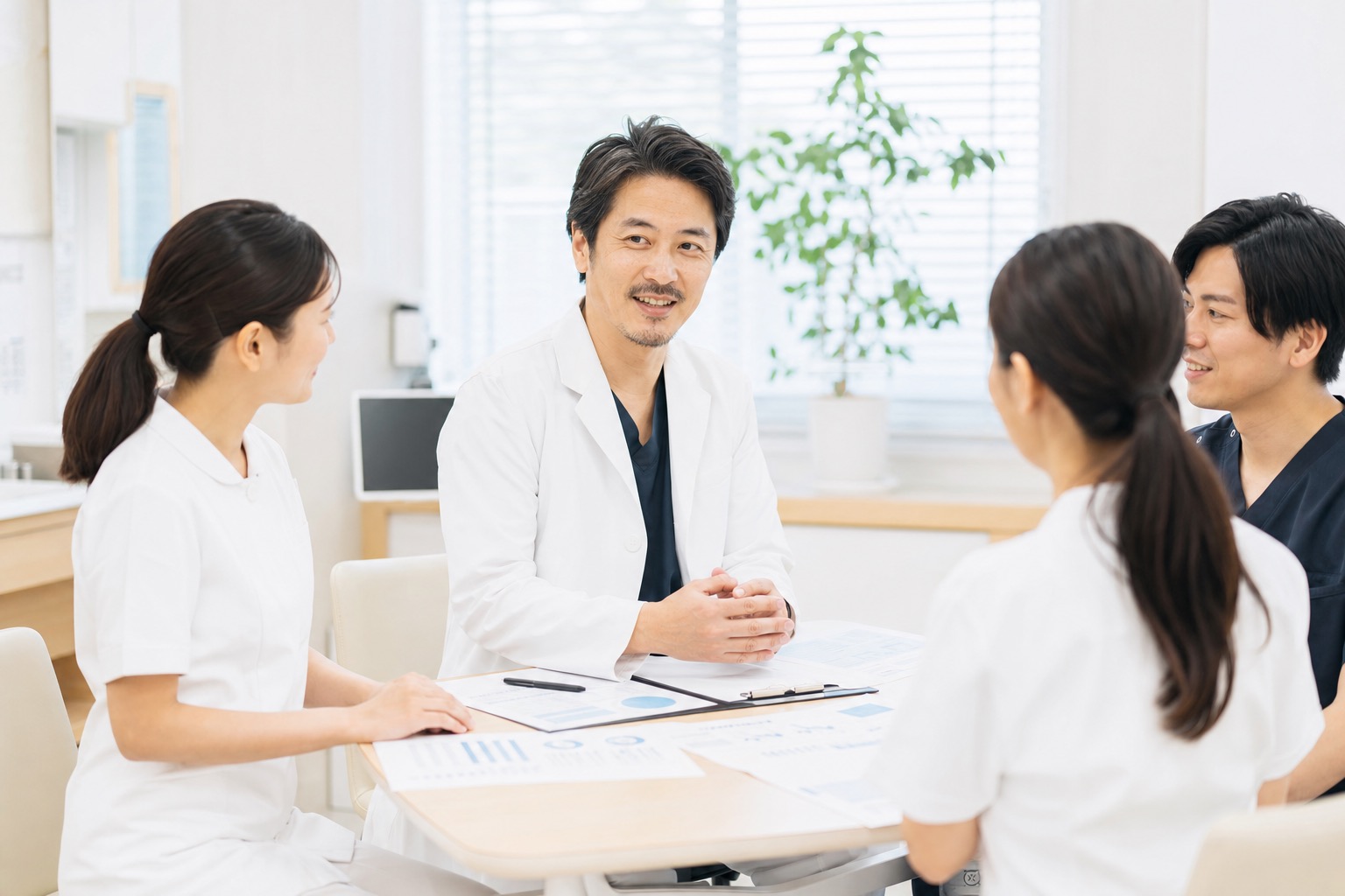 明るく清潔感のある院内で、院長とスタッフが診療方針について話し合う様子。