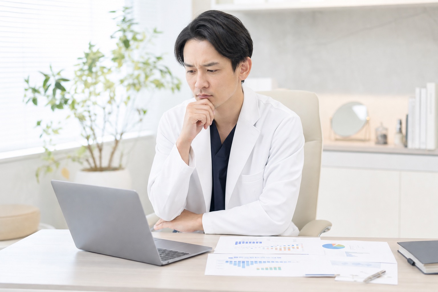 美容クリニックの院長が、ノートPCと資料を前に複数の集客施策のどれを優先すべきか思案している場面