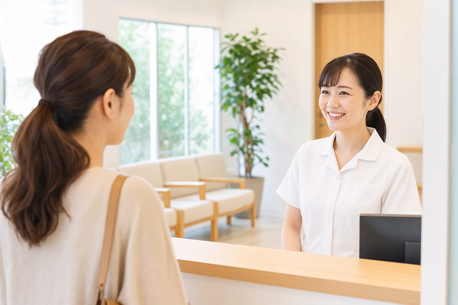 明るく清潔感のある待合室で受付スタッフが笑顔で患者を迎える様子