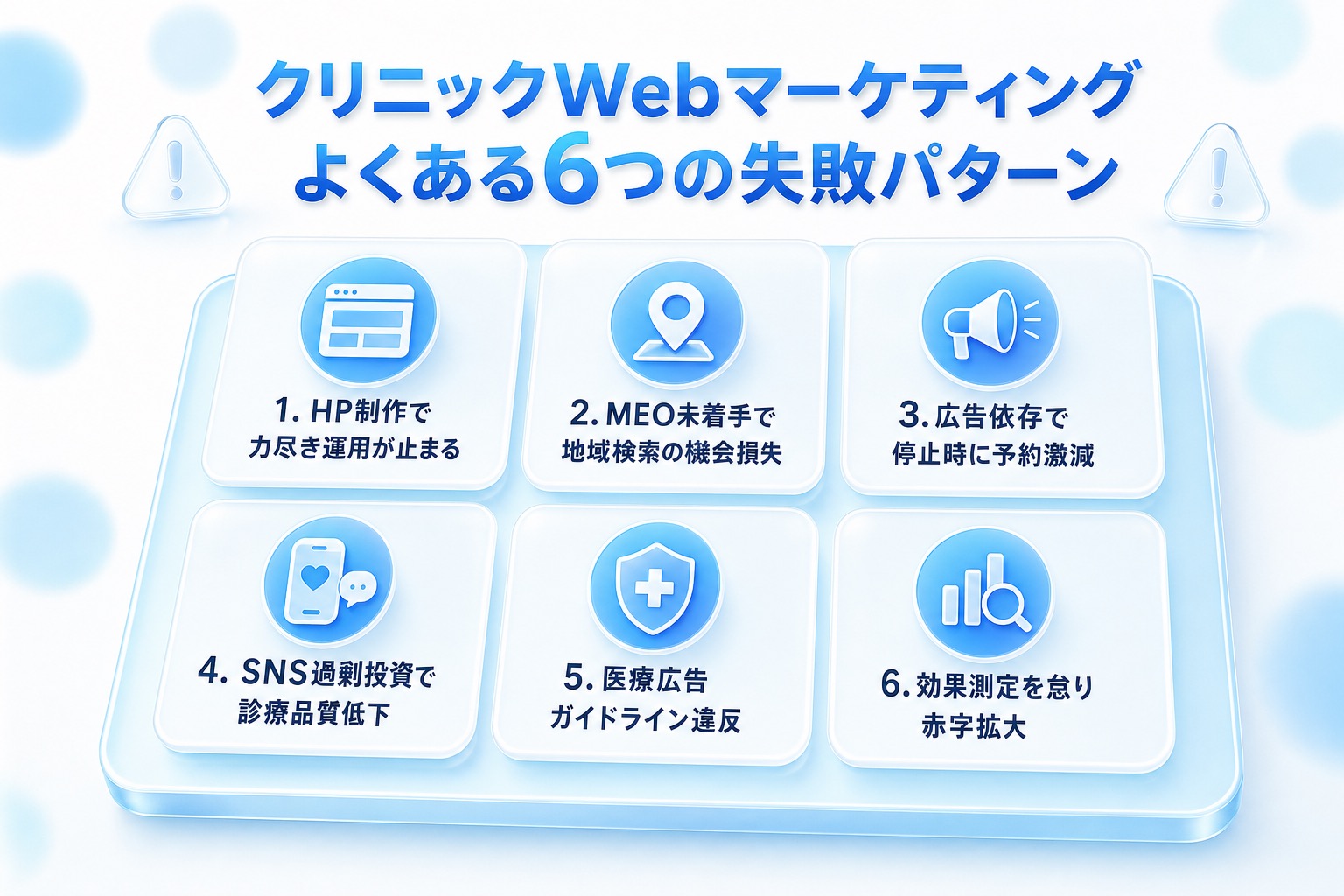 HP放置・MEO未着手・広告依存などクリニックWebマーケティングでよくある6つの失敗パターンを並べた図